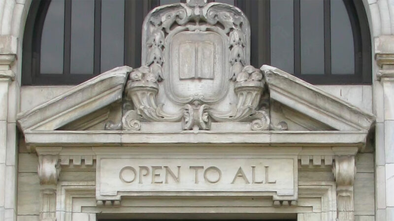 Entrance to the main library in Columbus, Ohio, a city that is putting the "Open to All" motto into effect (Deborah Fallows)