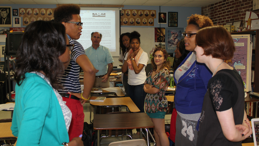 MSMS teacher Chuck Yarborough leading his class in a debate about African-American history.Photos by Deborah Fallows