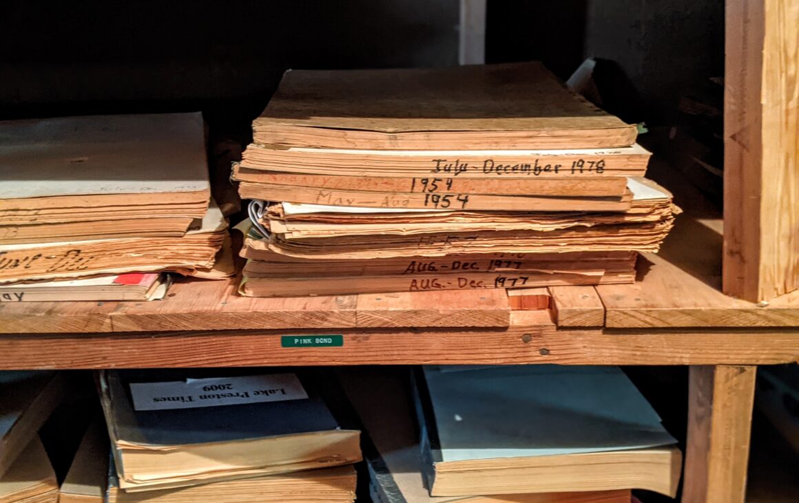 Past issues of the De Smet News, in the office of what has been reborn as a weekly print newspaper.