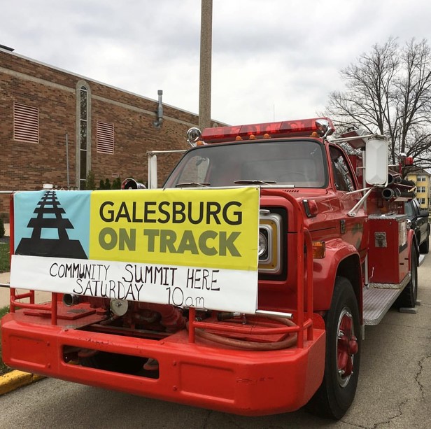 The Galesburg on Track Community Summit at the central fire station where residents congregated to brainstorm their collective values. Photo courtesy of Community Heart & Soul.