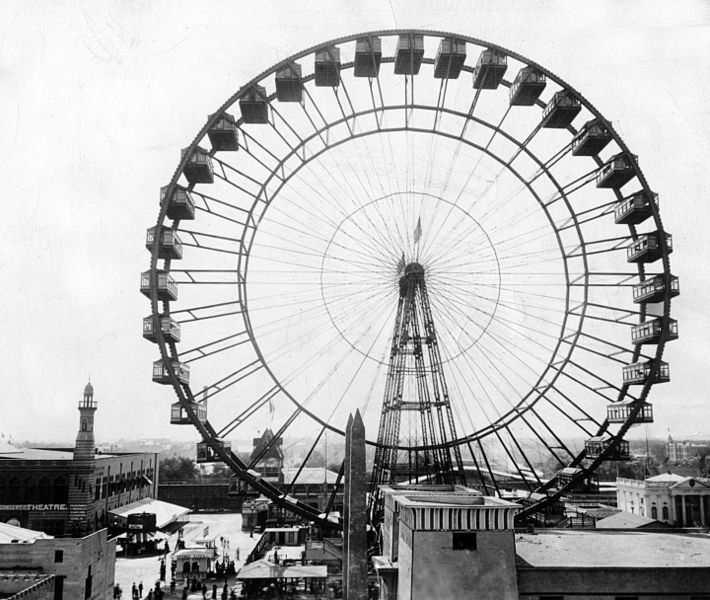 Original Ferris wheel at the 1893 Chicago World's Fair Columbian Exposition taken by the Chicago Tribune featured via Wikimedia Commons.