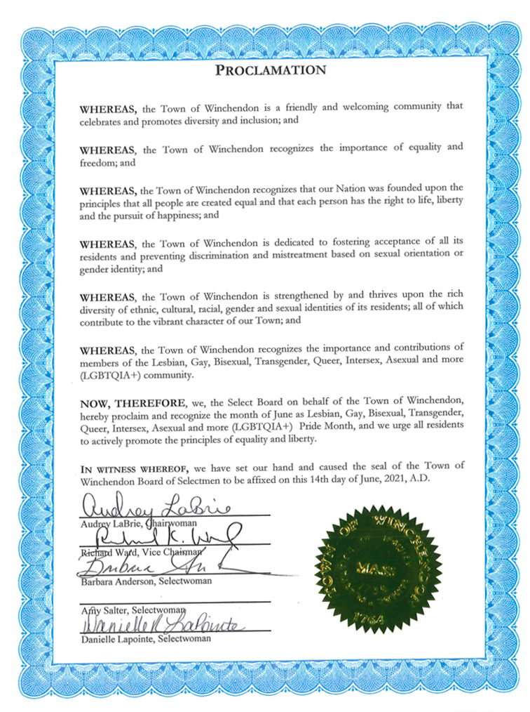 Certificate that displays the town of Winchendon's proclamation.