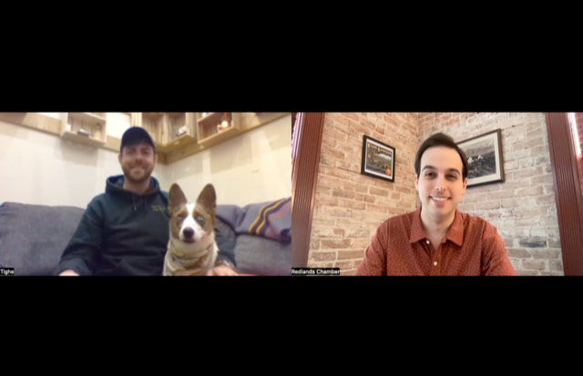On the left, Tighe Bullock sits with his dog; on the right, is Evan Sanford. This is a screen shot from a Zoom call.