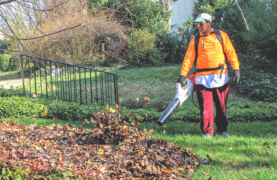 A man using a battery-powered leaf blower.