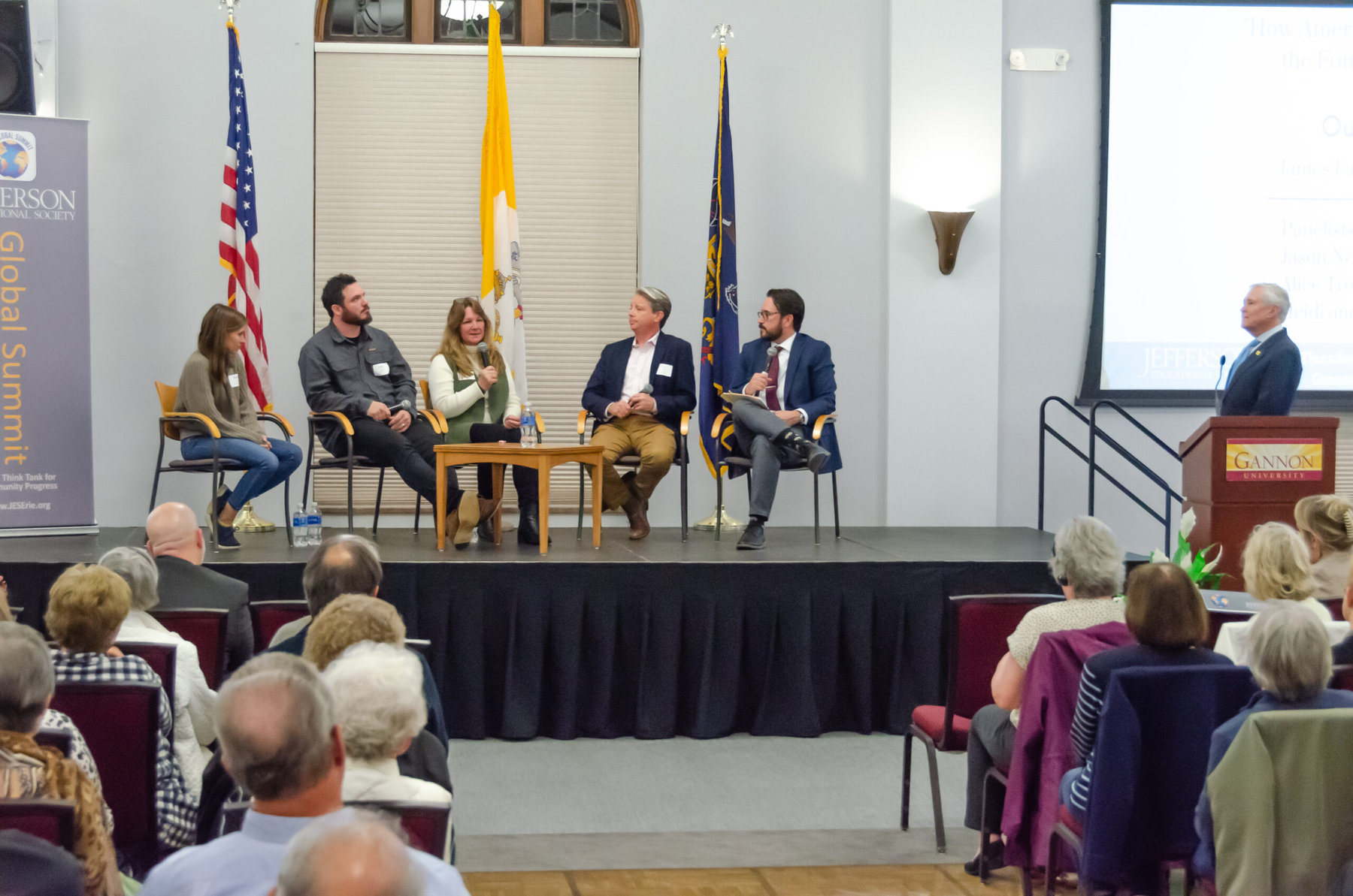 “How America’s Towns are Writing the Future of the Country,” Jefferson Educational Society Global Summit 2022 event featuring (from left) Heidi and Isaac Tucker, Alice Trowbridge, Jason Neises, Ben Speggen, and James Fallows. Photo by Pierre Bellicini, courtesy of JES.