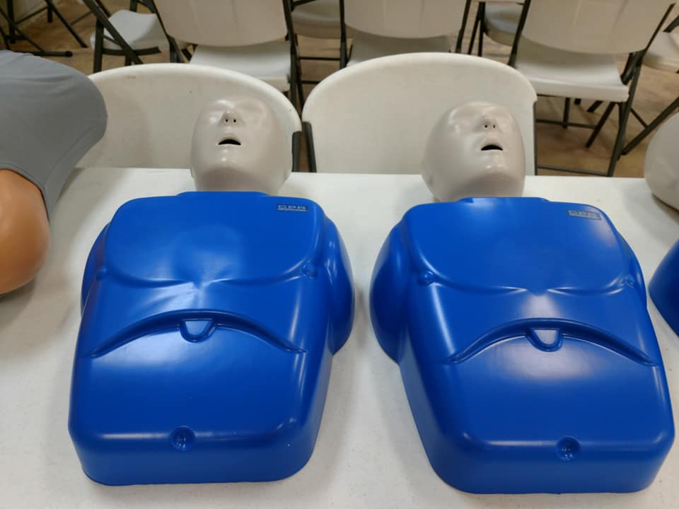 Two CPR manikins on a table.