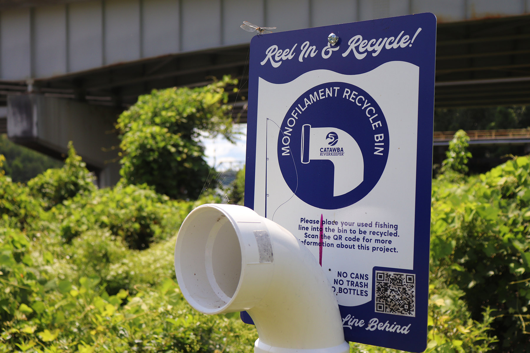 Reel in and recycle monofilament recycle bin constructed out of PVC pipe located next to the Catawba river in Fort Lawn, South Carolina.