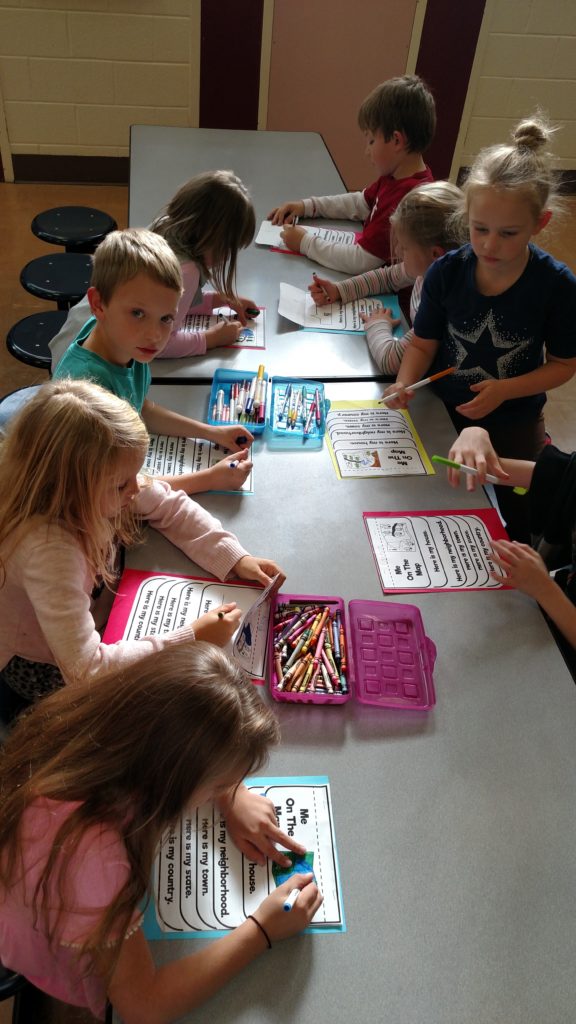 Second and third graders in Cameron County, Pennsylvania draw “Me on the Map,” which shows how they see themselves in relation to their community.
