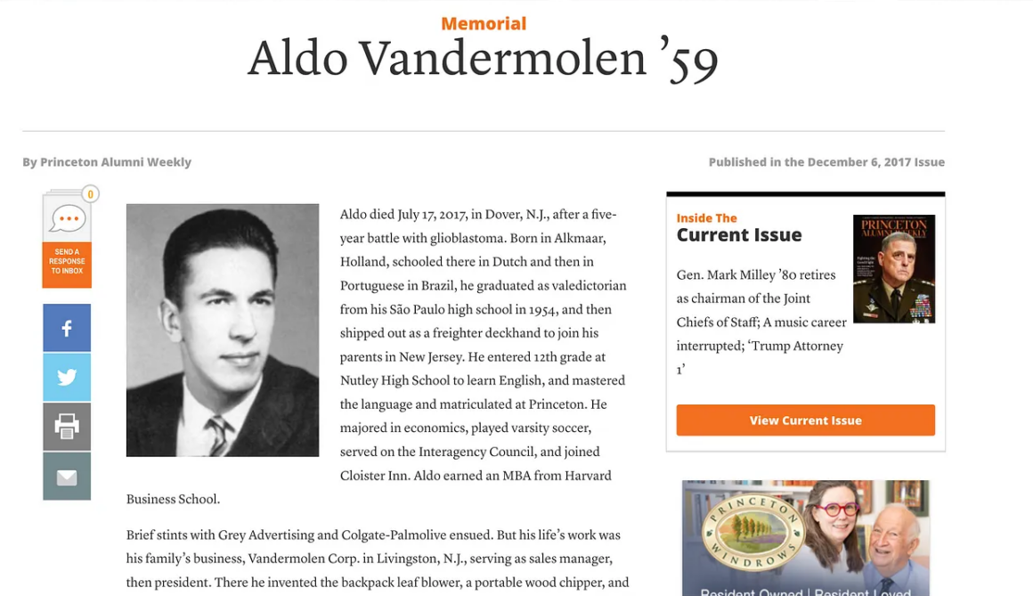 Aldo Vandermolen, Princeton class of 1959 Article about Aldo Vandermolen, Princeton Class of 1959.