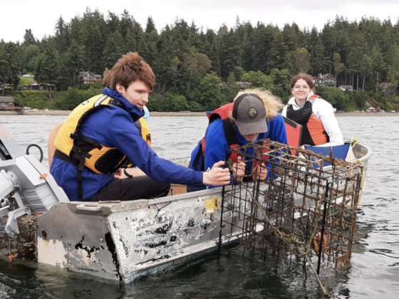 Students in a boat hauling in a crab pot.